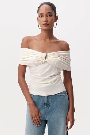 Exquise Artus Off Shoulder Metal Buckle Knit Blouse in Cream at Nordstrom, Size X-Large