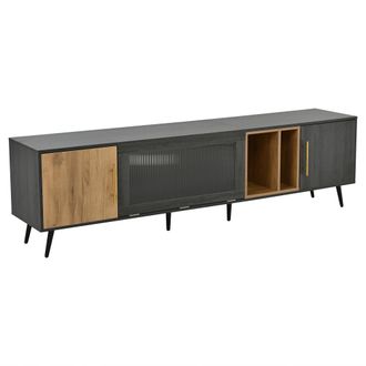 STILVORA Mueble Tv Con 2 Puertas, Puerta Abatible De Cristal Y Hueco Abierto, Pasacables, En Mdf, 200&times;40&times;55,5 Cm, Gris