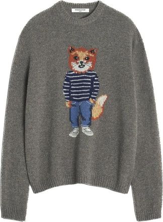 Maison Kitsun&eacute; Dressed Fox Sweater - Heren - Ronde hals truien - Grijs - S - Wol - Truien & Vesten
