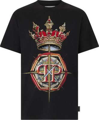 Philipp Plein Tops, Heren, Zwart, 3Xl, Katoen, Round Neck T-Shirt Crown Stones