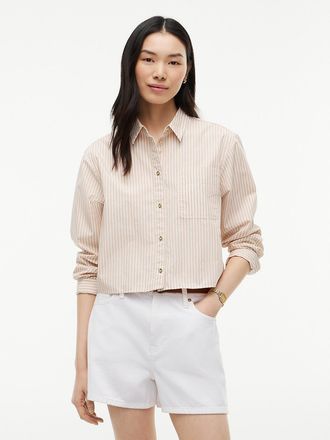 Tommy Hilfiger Womens Boxy Fit Gold-Button Stripe Poplin Shirt - Clayed Pebble - XXL