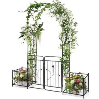 Costway Costway - Arco De Jard&iacute;n Con Puerta Y Maceteros Laterales, P&eacute;rgola De Enrejado De Metal Con Cerradura, Enrejado Superior Arqueado Para Plantas Trepado