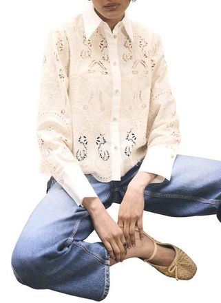 Mint Velvet Crochet Cropped Shirt in Ivory at Nordstrom, Size X-Small