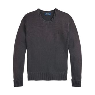 Polo Ralph Lauren Round-neck Knitwear, male, Black, Size: M Black Cotton Crewneck Sweater