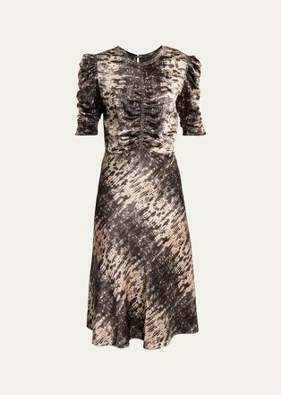Isabel Marant Lemila Python-Print Satin Ruched Puff-Sleeve Midi Dress