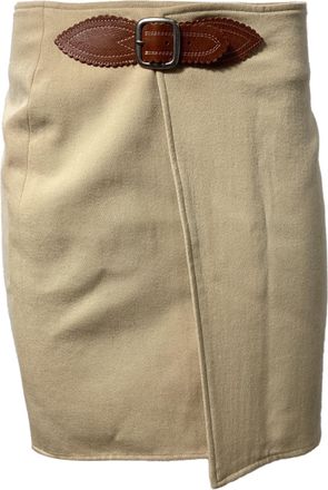 Ralph Lauren Buckle Wrap Detail Mini Pencil Skirt in Beige Wool