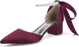 Generic Womens Pointed Toe Wedding Shoes Low Heels Satin Bridal Shoes Chunky Block Heels Comfortable Dance Shoes 4.5Cm,Burgundy,10 UK