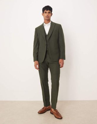 Asos Pantaloni da abito slim in misto lana con motivo a spina di pesce verde scuro