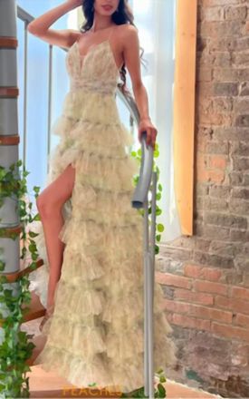 Jovani V Neckline Print Dress In Light Yellow