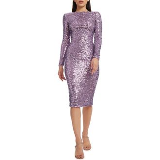 Dress The Population Emery Long Sleeve Sequin Cocktail Midi Dress in Lavender Multi at Nordstrom, Size Xx-Small
