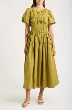 Moon River Smocked Puff Sleeve Midi Dress in Citron at Nordstrom, Size X-Small
