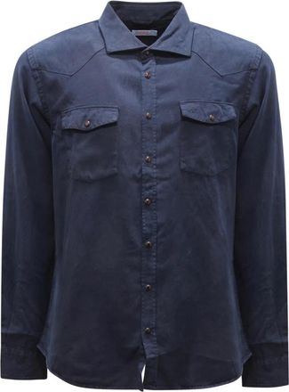 Sun 68 Navy Blue Overdyed Gabardine Shirt - Heren - Casual Overhemden - Blauw - M - Overhemden