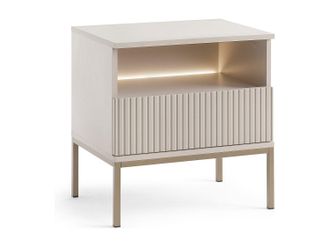 Vente-Unique Mesita de noche con 1 caj&oacute;n y 1 estante - Con LEDs - MDF y vidrio ahumado - Beige - OVILA