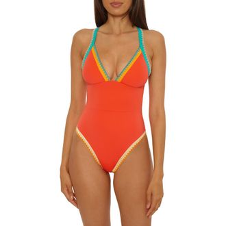 Lucky Brand Avila Embroidered Trim Colorblock Binding One-Piece Swimsuit in Scarlet at Nordstrom, Size Medium