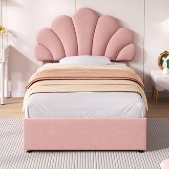 Merax 3ft Single Upholstered Bed with Petal Headboard, Velvet Bed Frame in Pink