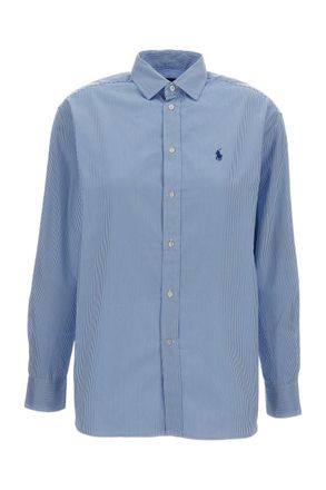 Polo Ralph Lauren Light Blue Striped Cotton Long-Sleeve Blouse with Classic Collar