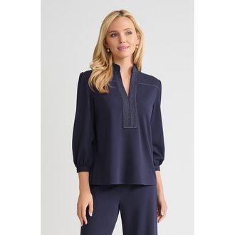 Ming Wang Stretch Deco Crepe Balloon Sleeve Blouse in Indigo/white at Nordstrom, Size Xx-Small