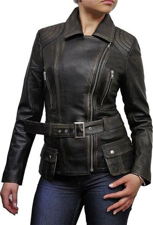 Brandslock Trench Ladies Mid Length Designer Real Leather Jacket. (XL, Black Rubboff)