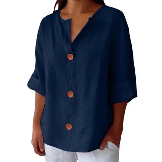 Generic Plus Size 3/4 Sleeve Linen Tops for Women UK Summer V Neck Mid Long Sleeve Tops Ladies Casual Loose Vacation Beach Solid Color down Blouses Tunic T Sh