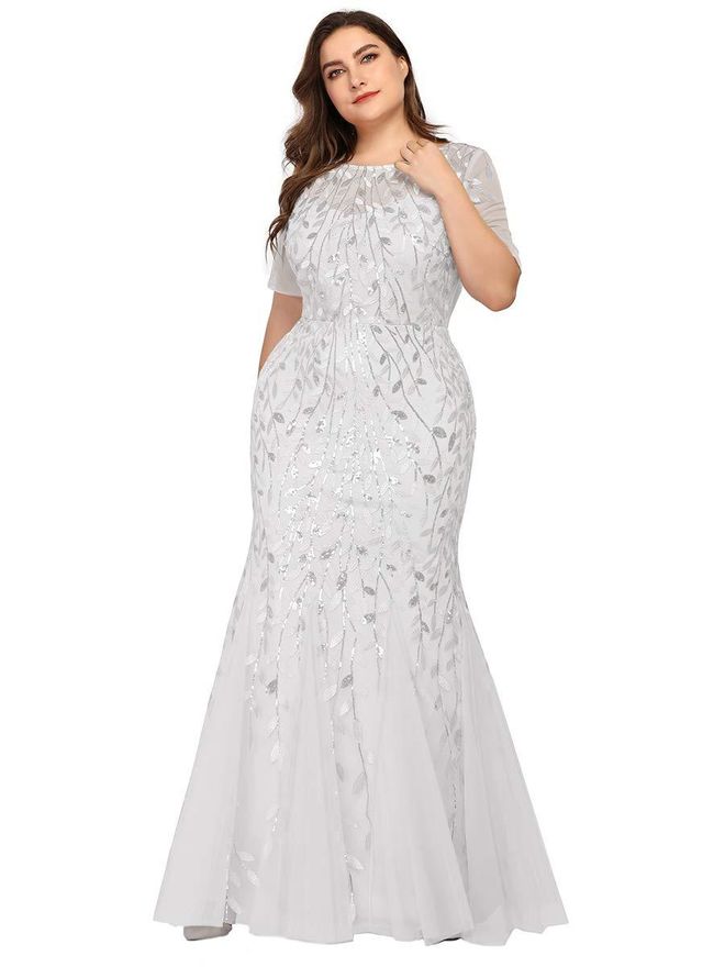 Ever Pretty Womens Elegant O Neck Short Sleeve Floor Length Mermaid Embroidery with Sequin Plus Size Wedding Dresses White 18UK
