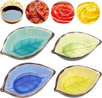 OEM Juego De 4 Platos De Cer&aacute;mica Con Forma De Hoja Para Salsas: Mini Cuencos Para Servir Aderezos, Salsas Y Especias