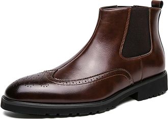 Generic Mens Pointed Toe Chelsea Ankle Boots Patent Leather Short Boots Pull on Vintage Brogue Shoes,Brown,12.5 UK