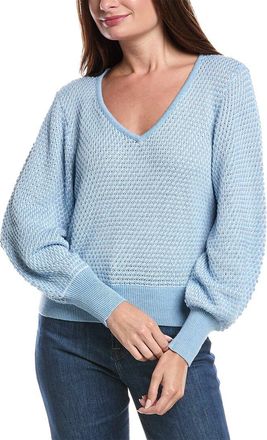 Forté Cashmere Gathered Sleeve Stripe V-Neck Sweater