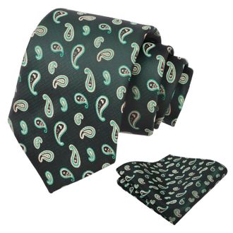 Alizeal Mens 8cm Irregular Patterned Necktie Novelty Party Wedding Business Tie and Hanky Set, Dark Green Paisley