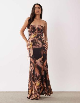 Asos Vestito lungo in rete con stampa floreale viola, cuciture a vista e coppe sagomate-Multicolore