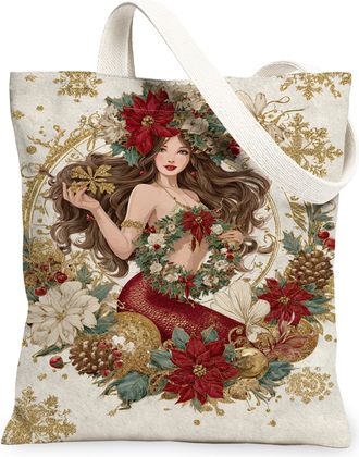 Generic Christmas Floral Canvas Tote Bags, Elegant Holiday Flower Design Reusable Grocery Bags, Vintage Lightweight Washable Should, Red, 13x15 Inch