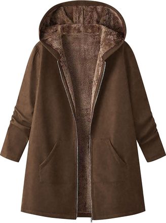 Generic Womens Winter Coat with Hood Warm Fleece Lined Fuzzy Full Zip Hooded Jacket Sweatshirts with Pockets Casual Mid Length Casual Ladies Warm Jumper Coats