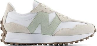 New Balance Mujer 327 en Beige/Blanco/Verde, Gamuza/Malla, Talla 36.5