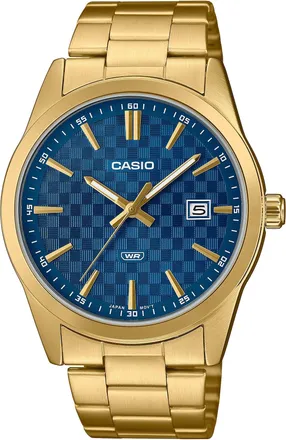 Casio Mens Gold Analog Watch with Blue Pattern Dial and Date Display - MTP-VD03G-2A