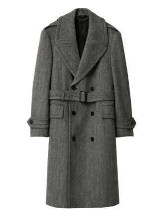 Burberry herringbone-pattern belted wool trench coat - men - Wool - 46 - Grey