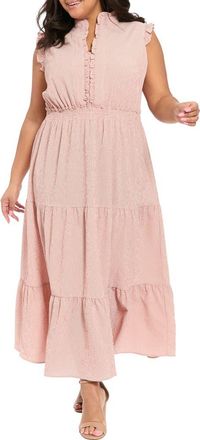 London Times Ruffle Shoulder Smocked Waist Tiered Midi Dress in Rose/Cream at Nordstrom Rack, Size 18W