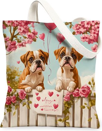 Generic Valentines Day Boxer Dog Canvas Tote Bag for Shopping 13x15, Farm Couple Puppy Reusable Grocery Print Pattern Bag for Women, Pet Beach Aesthetic Paint