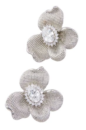 Savvy Cie Jewels RHODIUM PLATED OVER BRASS MATTE FLOWER SPARKLY CENTER EARRINGS