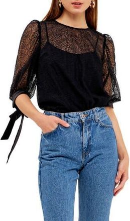 endless rose Embroidered Puff Sleeve Satin Top in Black at Nordstrom Rack, Size X-Small