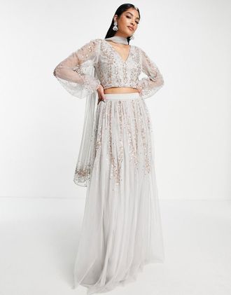 Maya Lehenga - Gonna lunga grigia decorata-Grigio