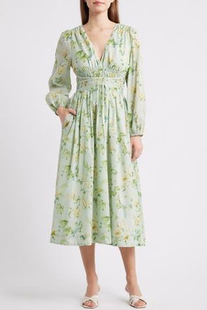 En Saison Rylee Floral Long Sleeve Cotton Midi Dress in Sage Olive Yellow at Nordstrom, Size X-Small