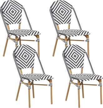 Beliani Conjunto De 4 Sillas De Jard&iacute;n Asiento De Rat&aacute;n Blanco Y Negro Marco De Aluminio Conjunto De Interior Y Exterior Rifreddo