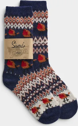 Simons Womens Wool Fair Isle bird socks Made in Portugal