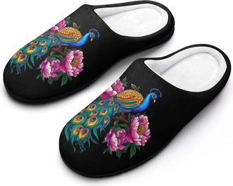 Generic Beautiful Blue Peacock Peony Womens Slippers Warm House Slippers Indoor House Shoes with Anti-Skid Rubber Sole