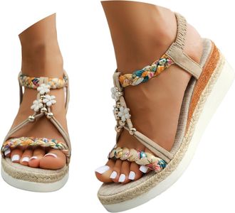 Generic Wide Width Wedge Sandals For Women,2026 Open Toe Jeweled Beaded Platform Sandals for Women Summer Dressy Strap Walking Shoes Vintage Non Slip Casual S