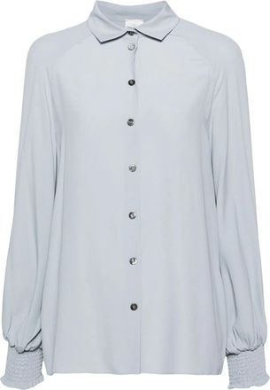 Eleventy Blue Long Sleeve Smocked Cuffs Silk-Blend Shirt