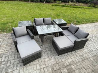 Fimous Garden Dining Set Wicker PE Rattan Outdoor Furniture Sofa with Rectangular Dining Table Double Seat Sofa 2 Side Tables 2 Big Footstool