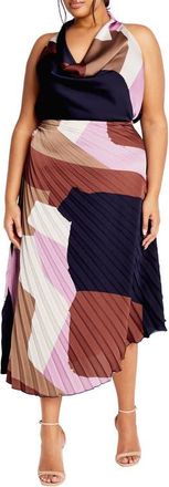 City Chic Amaya Print Pleated Satin Maxi Skirt in Geo Muse at Nordstrom, Size Xxl