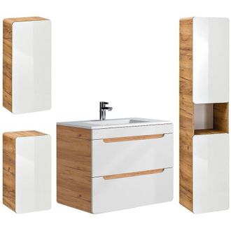 Vente-Unique Mobile per bagno sospeso con lavabo da incasso e tre colonne 80 cm Naturale e Bianco - ARUBA