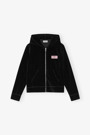 Ganni Black Heavy Velour Zip Hoodie - Size XXS Organic Cotton