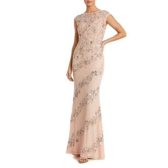 Mac Duggal Floral Embellished Cap Sleeve Column Evening Gown in Beige Silver at Nordstrom, Size 12
